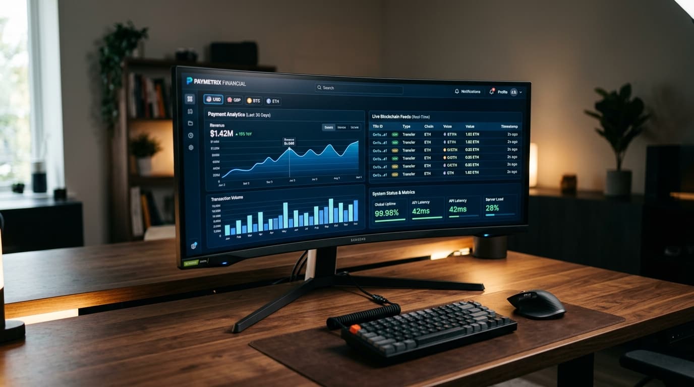 Fintech SaaS platform dashboard on a curved monitor showing live blockchain transactions, payment analytics, and API uptime metrics — built by Hurain Technologies